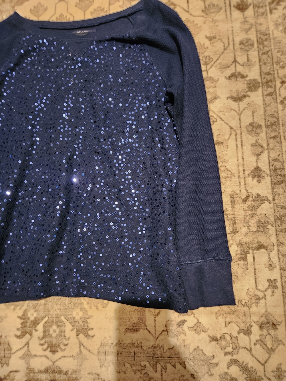 Chaps Navy Sequin Raglan Pullover Top - Picture 3 of 4
